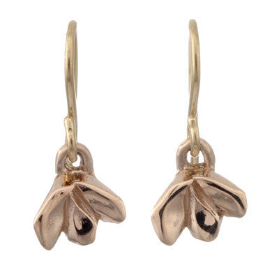 gold three petal flower drop earrings