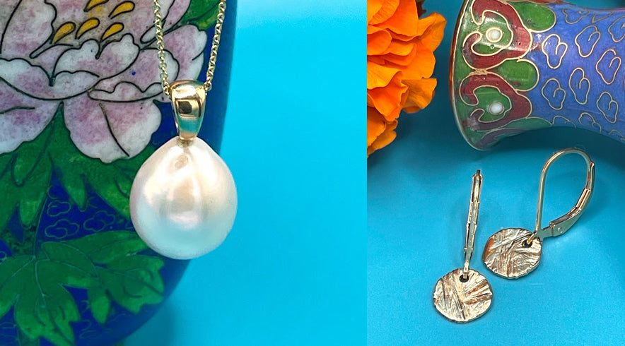 Pearl drop and textured disk earrings